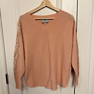 LIV Milano Women's Sweater Size Large Light Pink Rhinestones Lace Glam Sparkle
